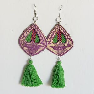 Hand Carved Gourd Earrings Made In Oaxaca Mexican Folk Art 3" Long OOAK Fish